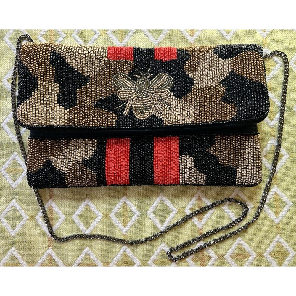 Hand-beaded Queen Bee Clutch Crossbody Purse Camouflage Glam Eclectic Art